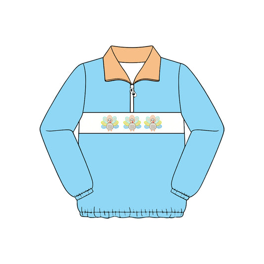 Preorder (moq 5)Baby Boys Blue Long Sleeve Turkey Thanksgiving Zip Pullovers Top