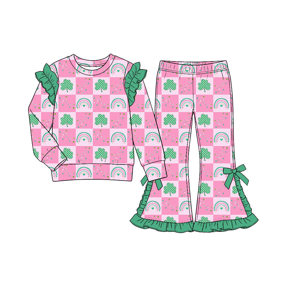 Preorder (moq5) Baby Girl Clothes St Patricks Day Checker Clover Rainbow Print Ruffle Shoulder Flare Pant Outfit Set