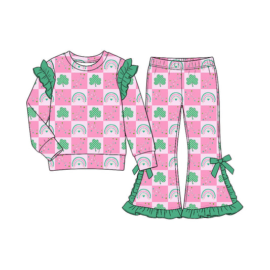 Preorder (moq5) Baby Girl Clothes St Patricks Day Checker Clover Rainbow Print Ruffle Shoulder Flare Pant Outfit Set