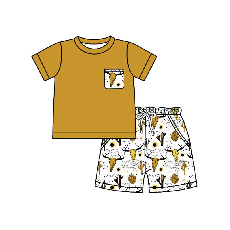 Preorder moq 5 Baby Boys Khaki Short Sleeves Pocket Top Bull Skull Cactus Short Set