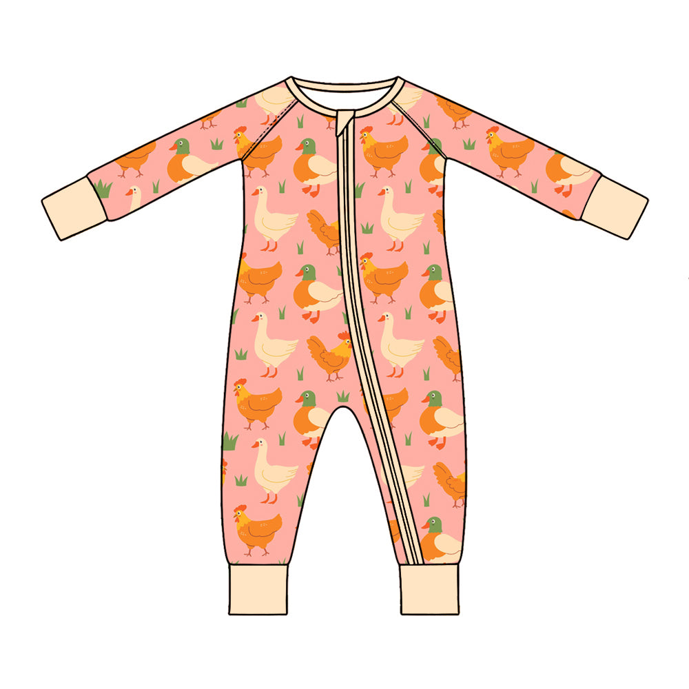 Preorder (moq 5) Baby Girl Clothes Farm Chicken Duck Print Long Sleeve Zipper Baby Romper