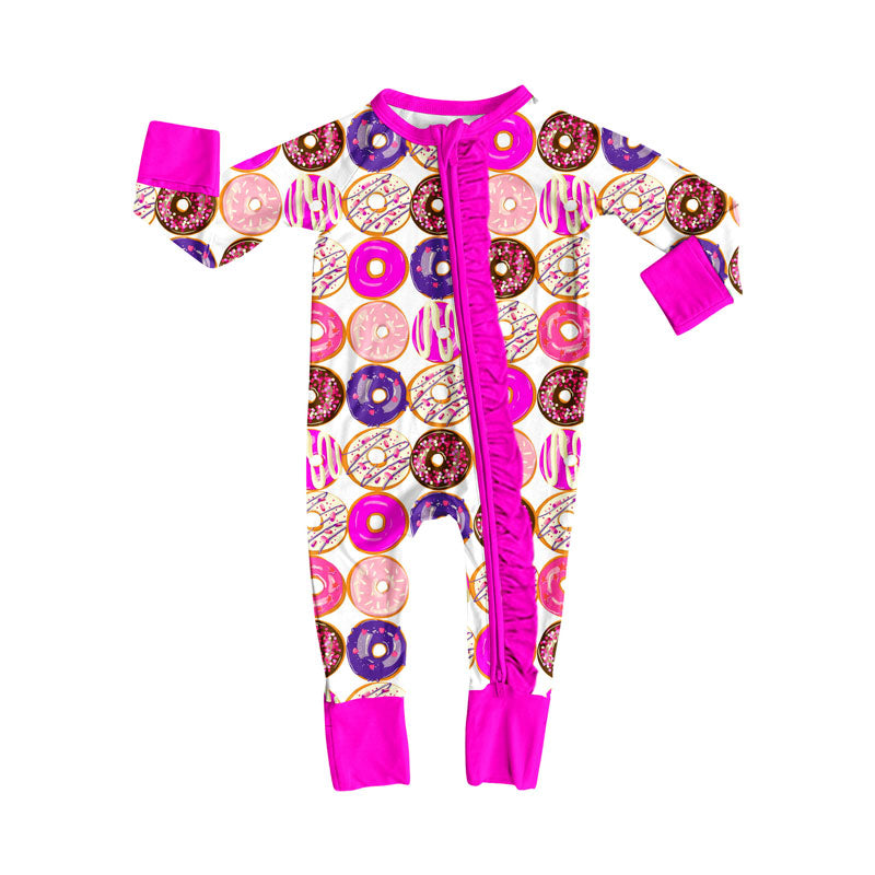 Preorder (moq 5)Baby Girls Colorful Donuts Valentine Ruffle Zipper Footie Rompers