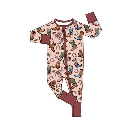 Preorder (moq 5)Baby Girls Boots Flowers Western Two Way Zip Convertible Rompers