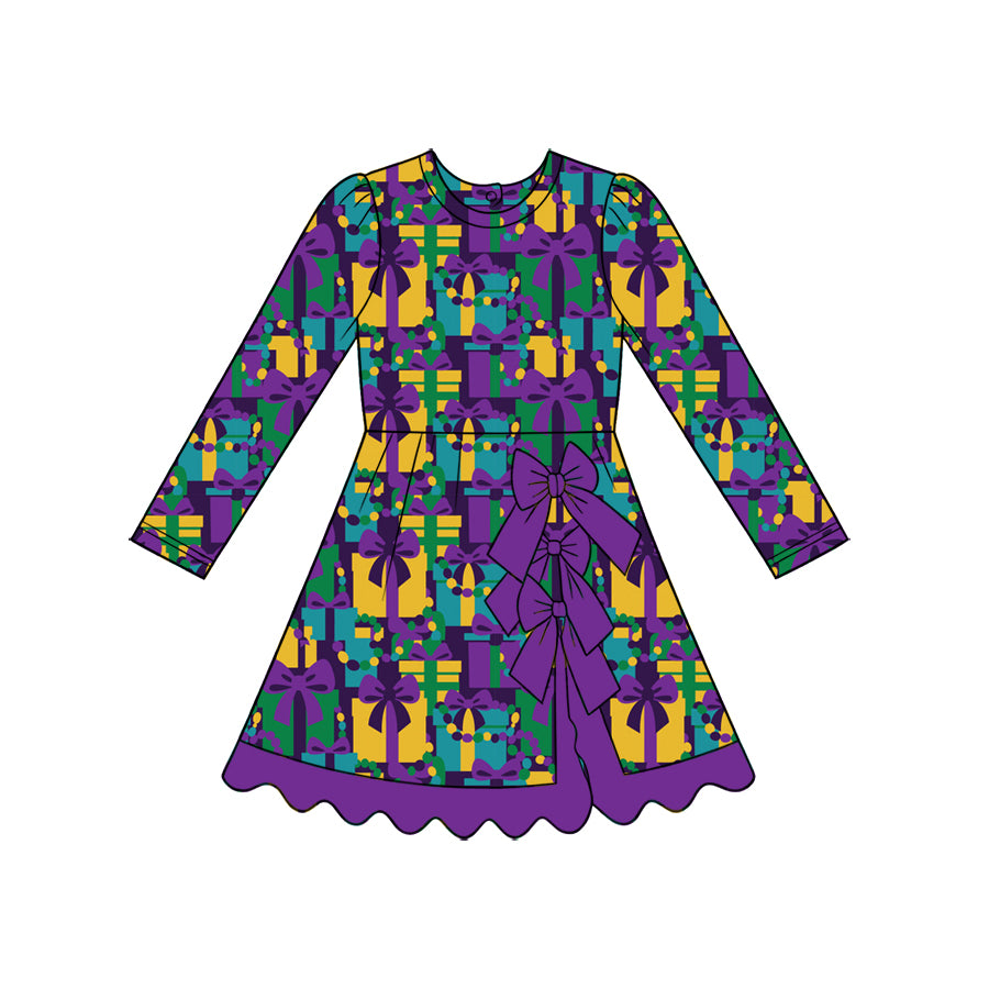 Preorder (moq 5) Baby Girl Mardi Gras Gift Box Bow Bead Print Long Sleeve Bow Back Scallop Hem Dress