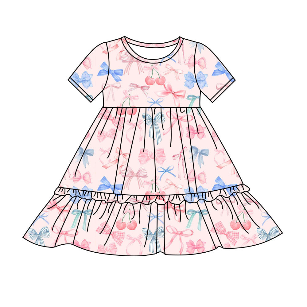 Preorder(moq 8)Baby Girls Blue Pink Bows Cherry Plaid Ruffle Knee Length Dresses