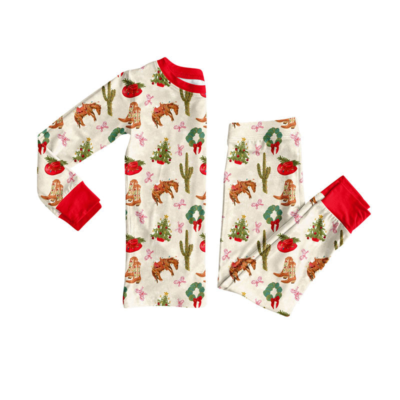 Preorder(moq 8)Baby Girls Holly Trees Horses Hats Top Pants Christmas Pajamas Sets