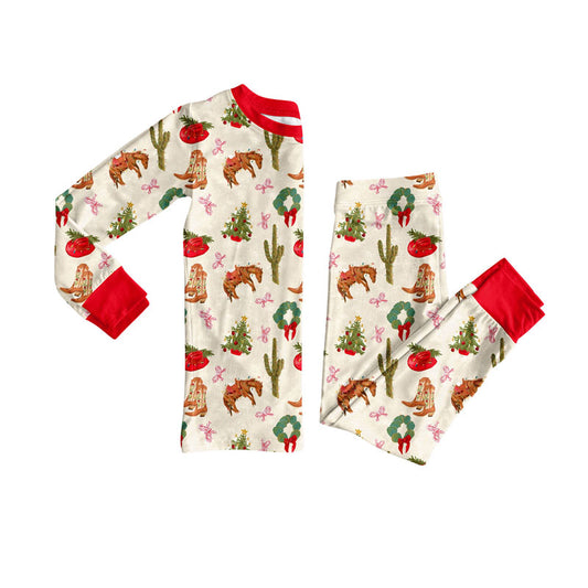 Preorder(moq 8)Baby Girls Holly Trees Horses Hats Top Pants Christmas Pajamas Sets