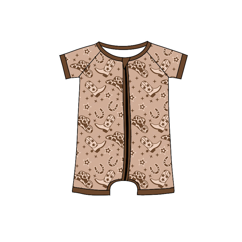 Preorder(moq 5)Baby Infant Boys Brown Short Sleeves Boots Hats Zipper Summer Rompers