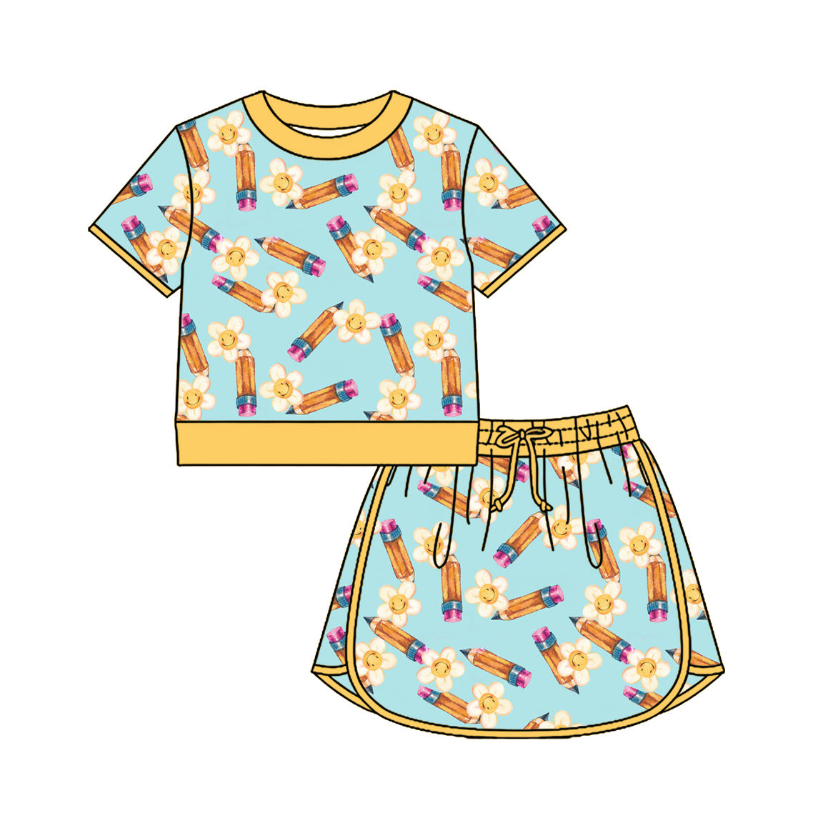 Preorder (moq 5)Baby Girls Pencils Smile Flowers Top Skirt Short Back to School Clothes Sets