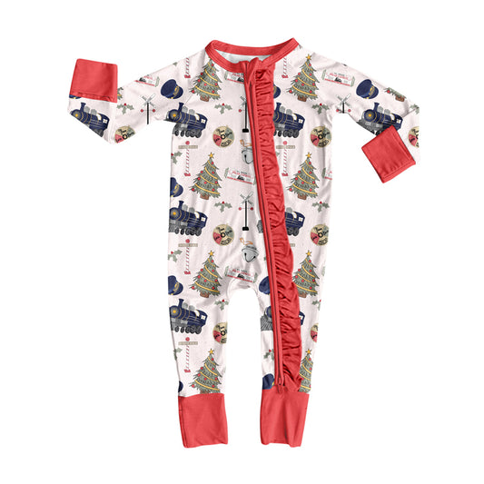 Preorder (moq 20)Baby Girls Bamboo Holly Trains Western Christmas Ruffle Zippy Footie Rompers