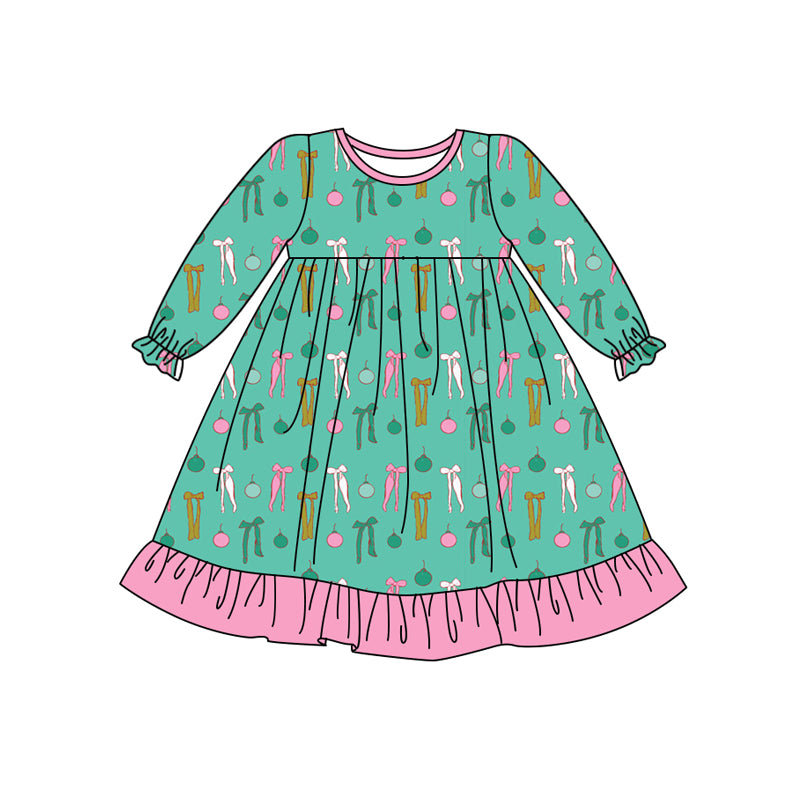 Preorder (moq 5)Baby Girls Green Long Ruffle Sleeves Bows Lights Knee Length Dresses
