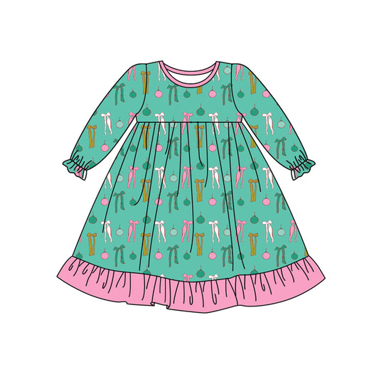 Preorder (moq 5)Baby Girls Green Long Ruffle Sleeves Bows Lights Knee Length Dresses