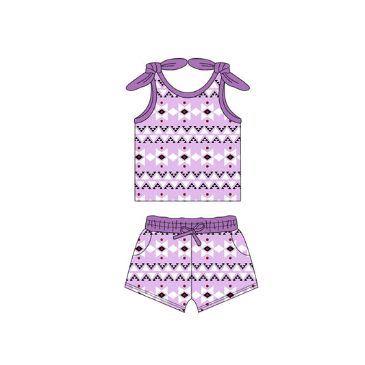 Preorder moq 5 Baby Girls Bows Sleeveless Purple Aztec Top Pockets Short Set