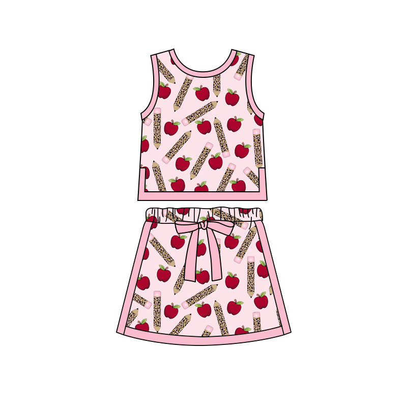 Preorder moq 5 Baby Girls Apple Pencils Vests Skirt Shorts Back to School Clothes Set