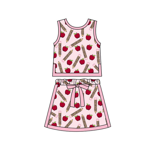 Preorder moq 5 Baby Girls Apple Pencils Vests Skirt Shorts Back to School Clothes Set
