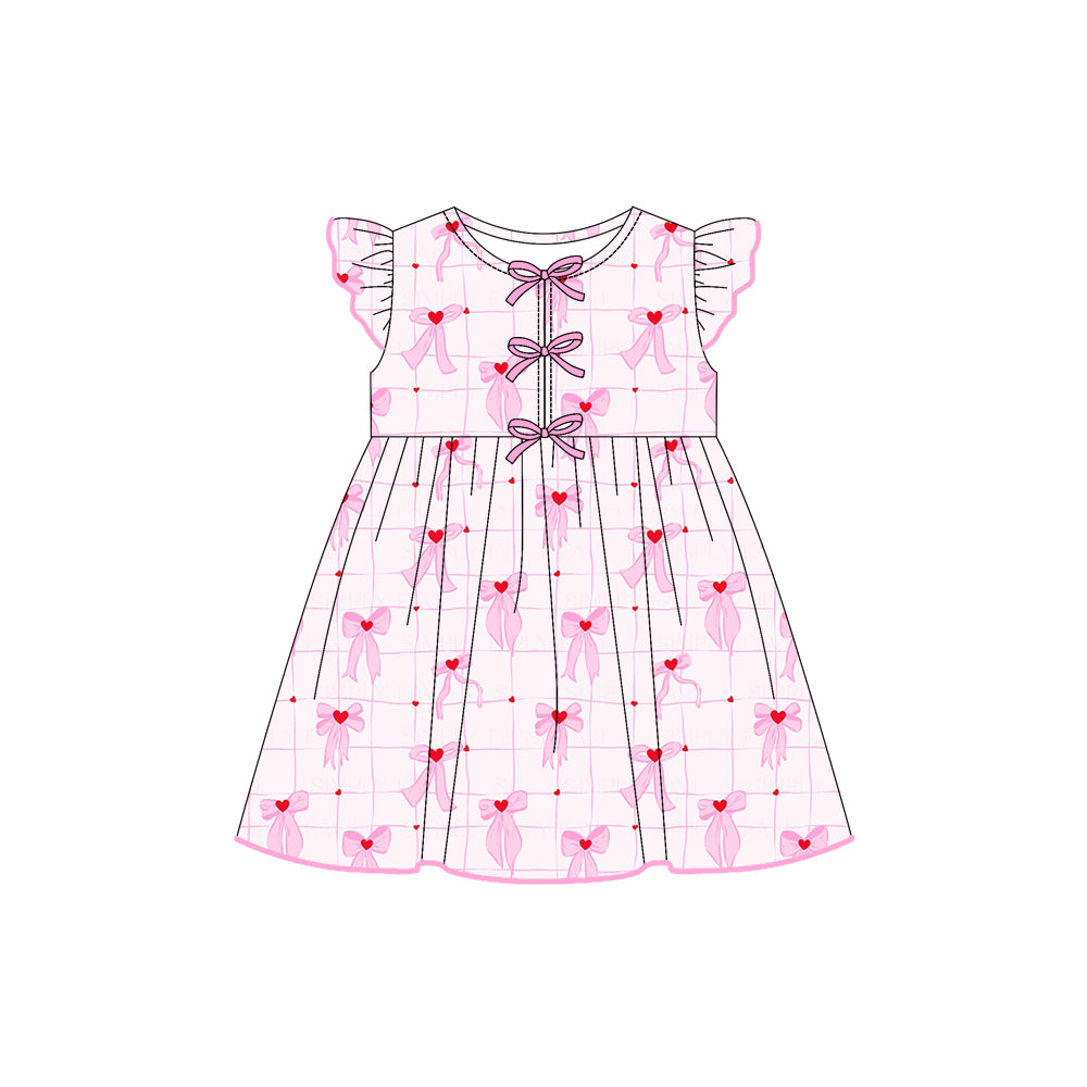 Preorder (moq 5)Baby Girls Flutter Sleeves Pink Bows Hearts Plaid Knee Length Dresses