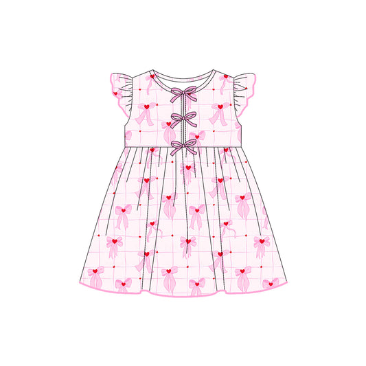 Preorder (moq 5)Baby Girls Flutter Sleeves Pink Bows Hearts Plaid Knee Length Dresses