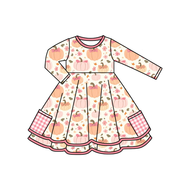 Preorder (moq 5)Baby Girls Long Sleeves Pink Flowers Pumpkins Pockets Knee Length Dresses