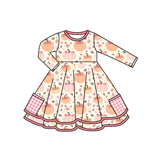 Preorder (moq 5)Baby Girls Long Sleeves Pink Flowers Pumpkins Pockets Knee Length Dresses