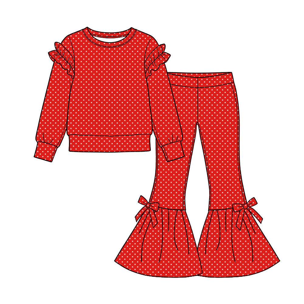 Preorder (moq 5) Baby Girl Clothes Red White Polka Dot Mixed Print Long Sleeve Flare Pant Set