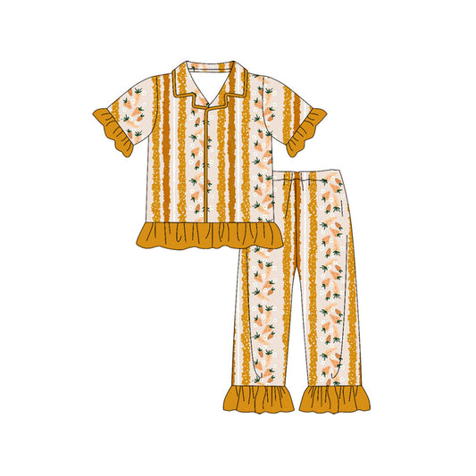 Preorder(moq 8)Baby Girls Yellow Stripe Carrots Button Top Ruffle Pants Easter Pajamas Sets
