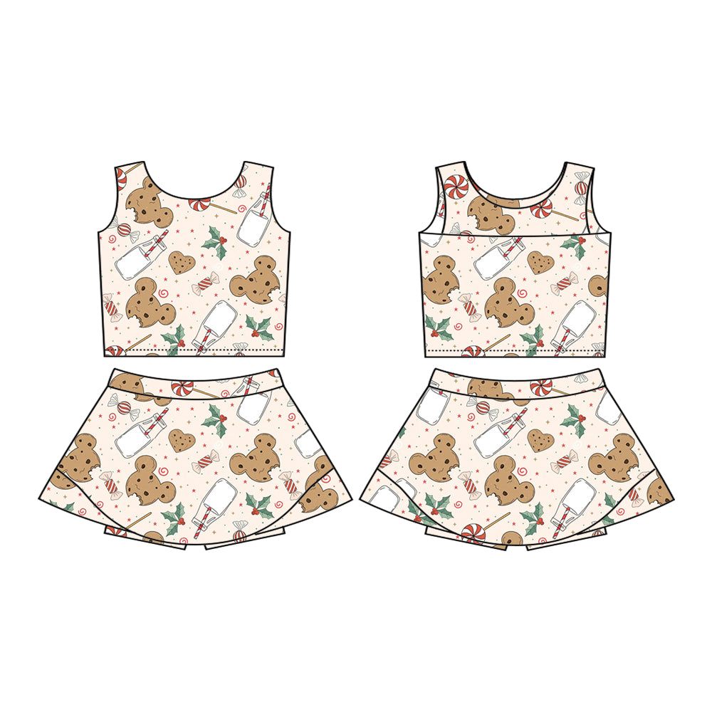 Preorder (moq 5)Baby Girls Sleeveless Mouse Cookie Milk Holly Vests Top Skorts Set