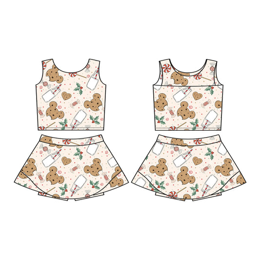 Preorder (moq 5)Baby Girls Sleeveless Mouse Cookie Milk Holly Vests Top Skorts Set