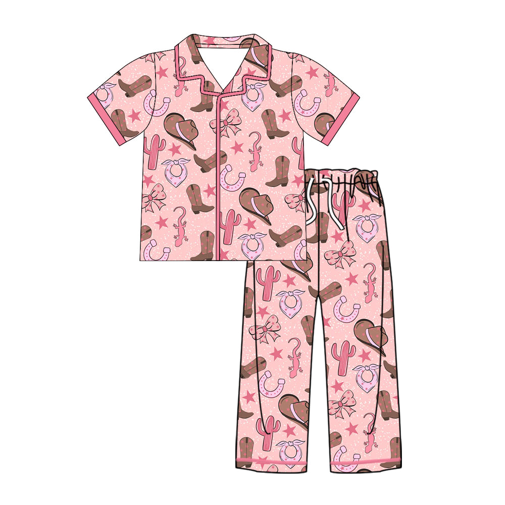 Preorder (moq 5)Baby Kids Short Sleeve Hats Boots Cactus Button Top Pants Western Pajamas Sets