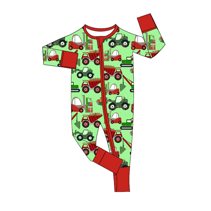 Preorder (moq 5)Baby Boys Long Sleeves Green Excavators Plaid Zipper Rompers