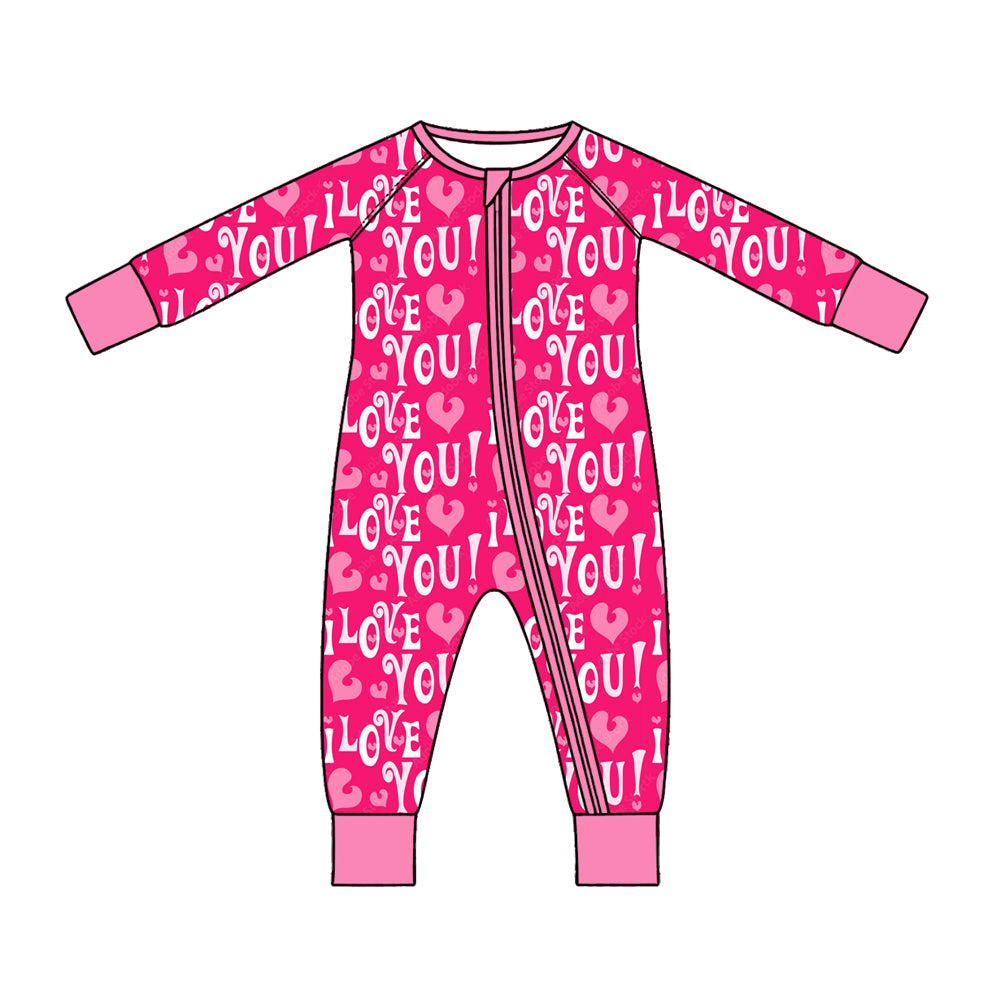 Preorder (moq 5) Baby Girl Clothes Valentine I Love You Bold Letter Heart Print Long Sleeve Zipper Romper