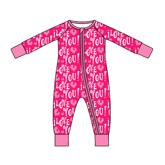 Preorder (moq 5) Baby Girl Clothes Valentine I Love You Bold Letter Heart Print Long Sleeve Zipper Romper