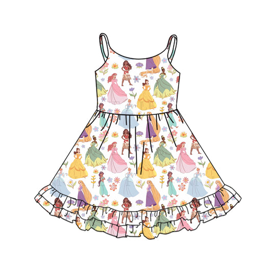 Preorder (moq 5)Baby Girls Strap Cartoon Princess Flowers Knee Length Dress