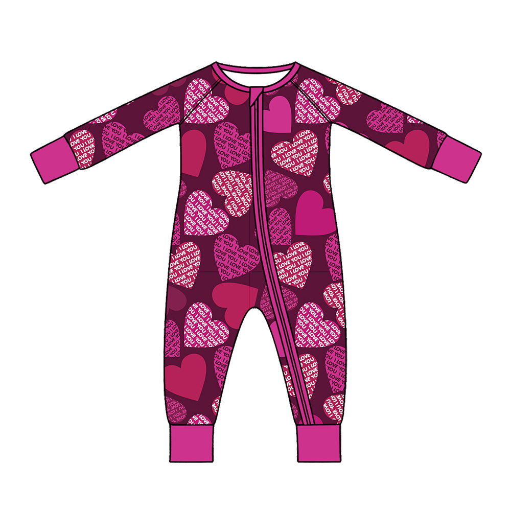 Preorder (moq 5) Baby Girl Clothes Valentine I Love You Text Heart Print Long Sleeve Zipper Romper