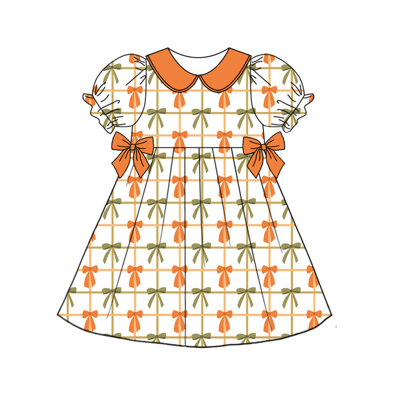 Preorder (moq 5)Baby Girls Orange Short Ruffle Sleeves Colorful Bows Plaid Knee Length Dresses