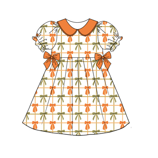 Preorder (moq 5)Baby Girls Orange Short Ruffle Sleeves Colorful Bows Plaid Knee Length Dresses