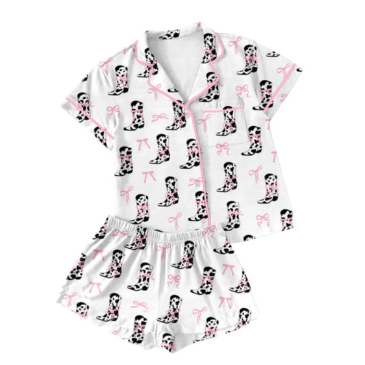 Preorder(moq 5)Adult Women Pink Cow Print Boots Bows Buttons Pocket Tee Shirts Shorts Pajamas Sets