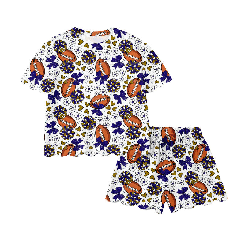 Preorder (moq 5)Baby Girls Purple Bows Footballs Top Scallop Shorts Team Cheer Clothes Sets