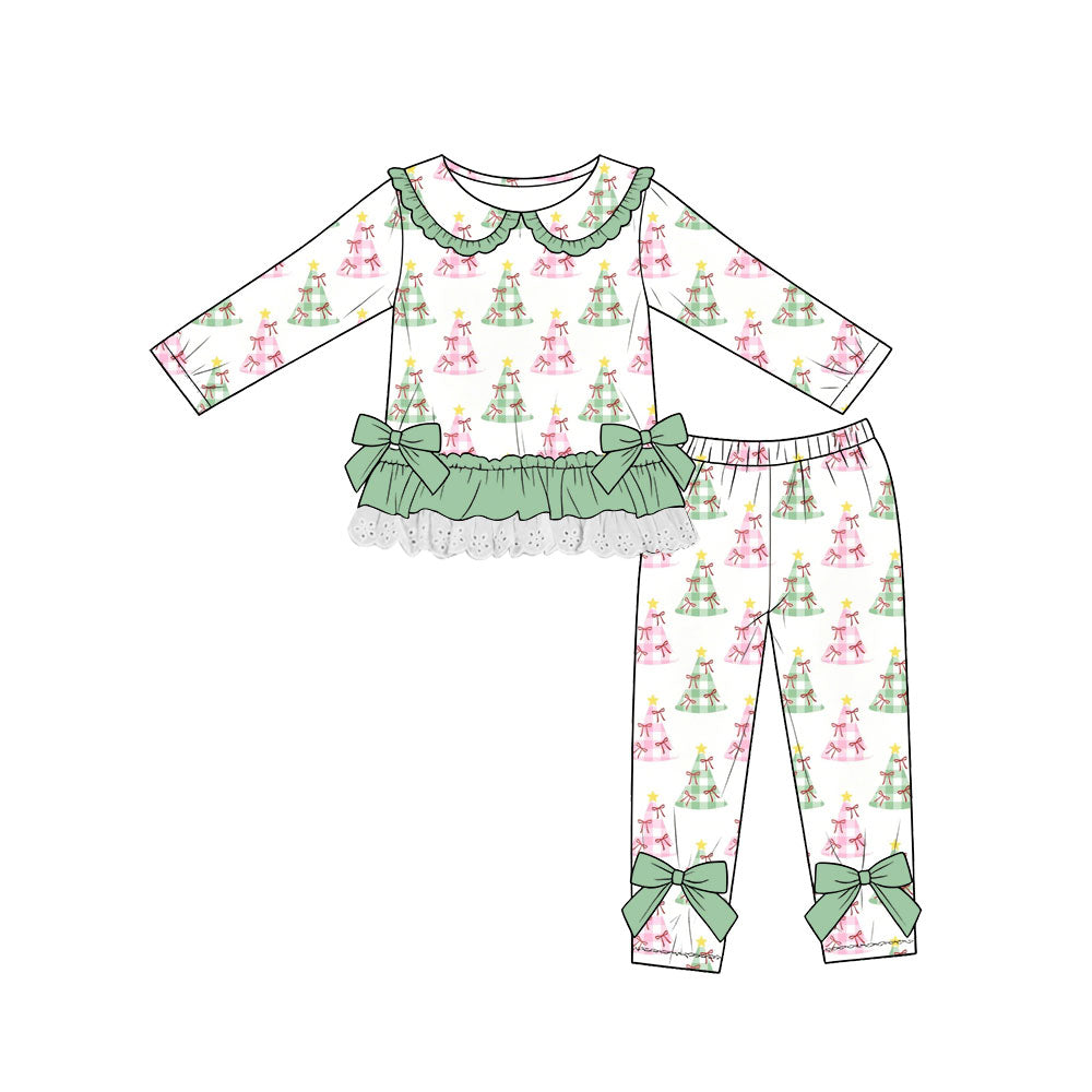 Preorder (moq 5)Baby Girls Bows Checked Trees Lace Ruffle Top Leggings Christmas Sets
