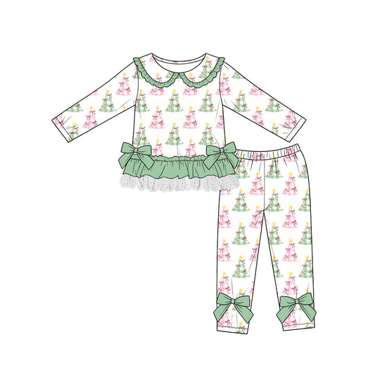 Preorder (moq 5)Baby Girls Bows Checked Trees Lace Ruffle Top Leggings Christmas Sets