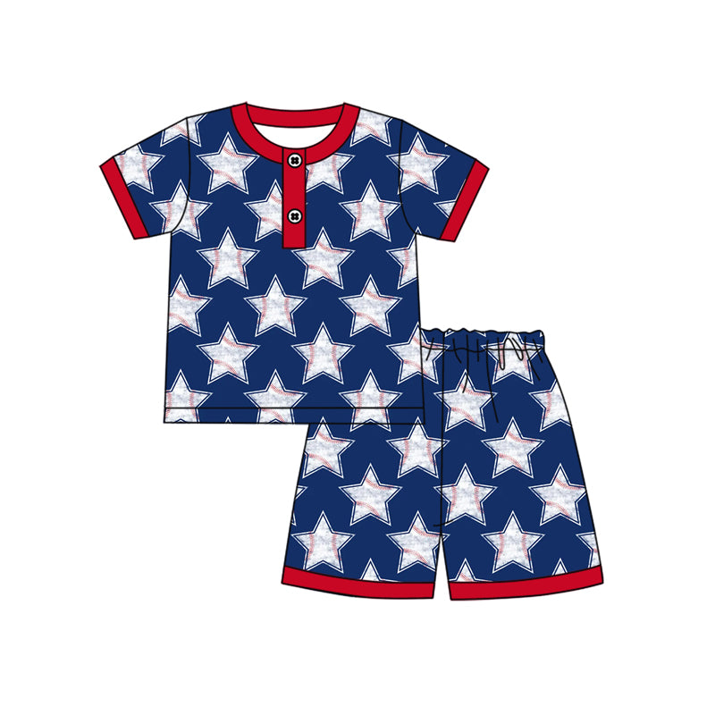 Preorder moq 5 Baby Boys Blue Short Sleeves Baseballs Stars Button Top Short Pajamas Set