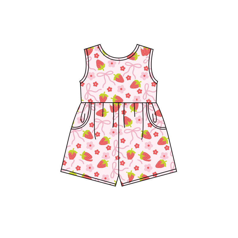 Preorder (moq 5)Baby Girls Pink Strawberry Shorts Pockets Jumpsuits