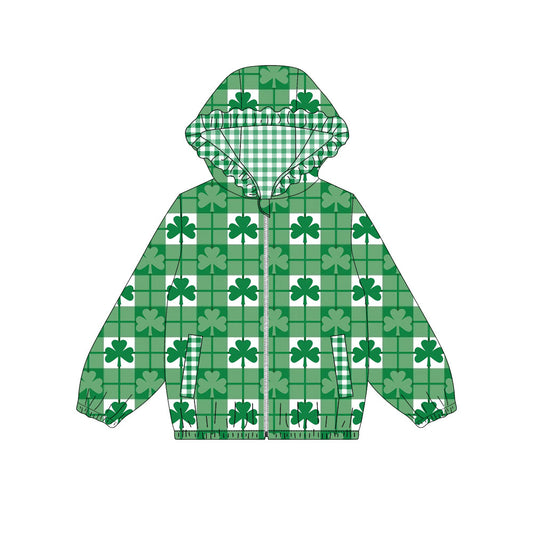 Preorder (moq5) Baby Girls Clovers Checked Zip Pickets St Patrick Ruffle Hoodies Jacket Top
