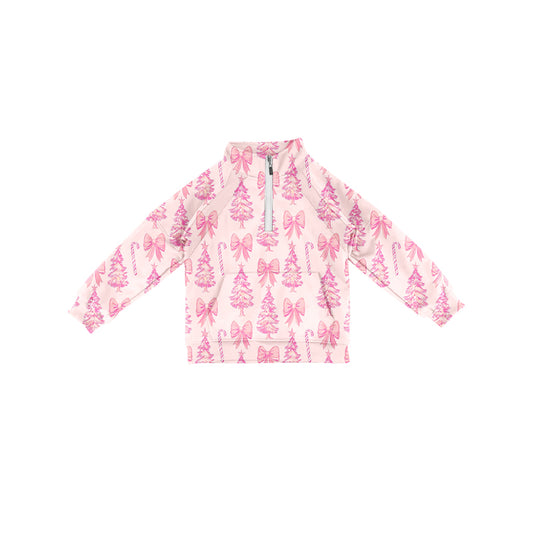 Preorder (moq 5)Baby Girls Long Sleeves Pink Bows Trees Candy Cane Pocket Zipper Pullovers Top