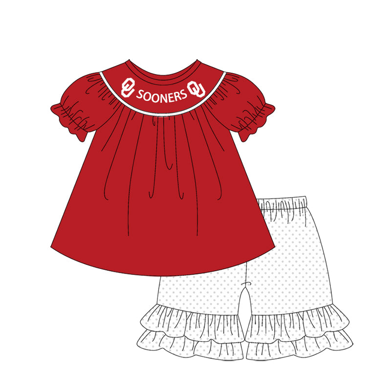 Preorder (moq 5)Baby Girls Oklahoma Sooners Team Tunic Top Ruffle Shorts Clothes Sets