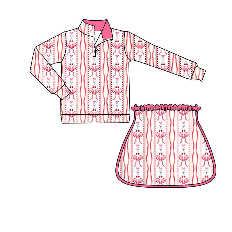Preorder(moq 5) Baby Girls Bows Cherry Stripe Zipper Pullovers Skirt Shorts Valentine Clothes Sets