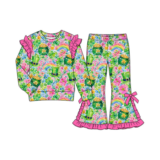 Preorder (moq5) Baby Girl Clothes St Patrick’s Day Watercolor Gold Pot Rainbow Clover Print Long Sleeve Ruffle Shoulder Top Pink Ruffle Flare Pant Set