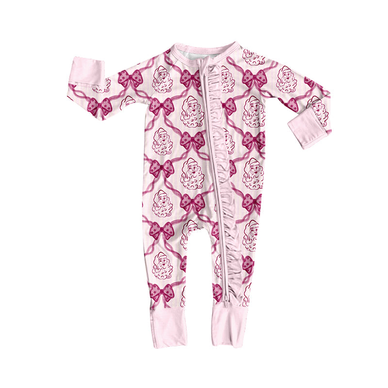 Preorder (moq 5)Baby Girls Santa Bows Checked Christmas Two Way Ruffle Zip Convertible Rompers