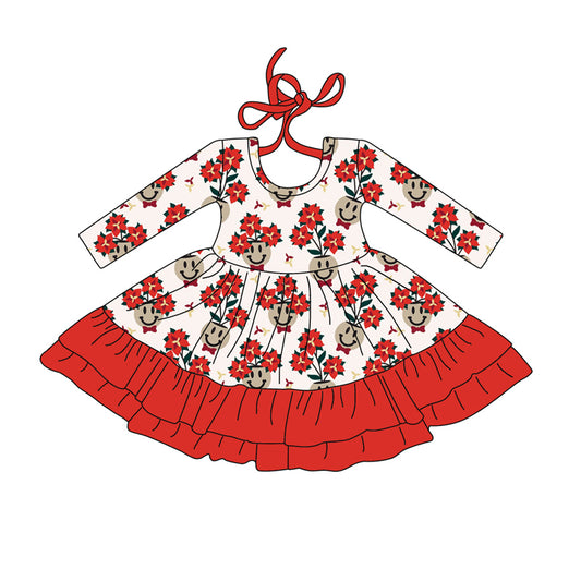 Preorder (moq 5)Baby Girls Long Sleeves Red Flowers Smiles Plaid Ruffle Knee Length Dress
