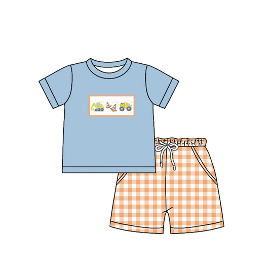 Preorder (moq 5)Baby Boys Blue Short Sleeves Excavators Top Pockets Orange Plaid Short Set
