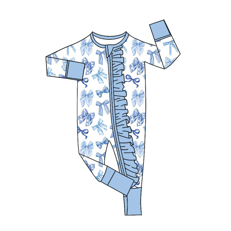 Preorder (moq 20)Baby Girls Bamboo Blue Bows Ruffle Zippy Footie Rompers
